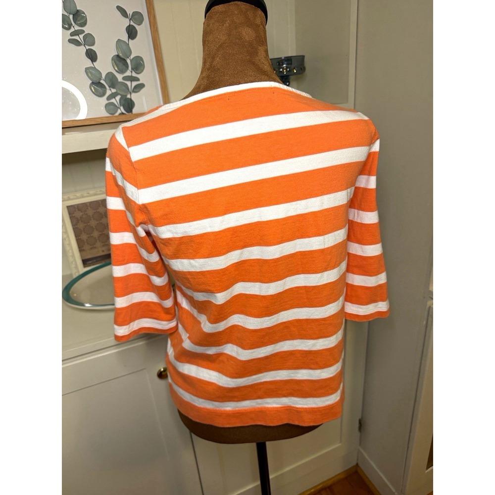 Lauren Ralph Lauren Petites PS Coral White Striped 3/4 Sleeve Knit Button Top